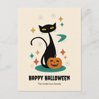 Halloween Mid Century Black Cat Holiday Postcard