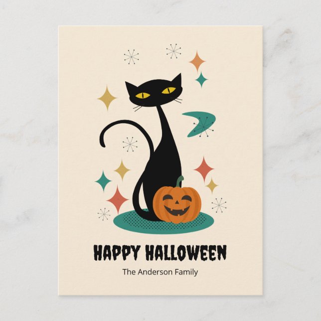 Halloween Mid Century Black Cat Holiday Postcard (Front)