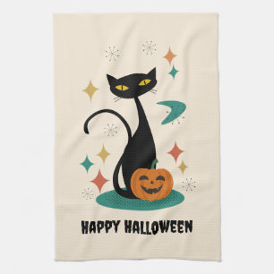 Halloween Mid Century Black Cat Tea Towel
