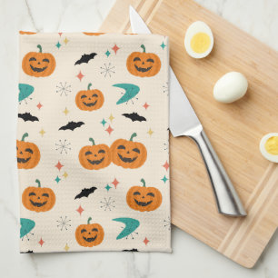 Halloween Mid Century Pumpkins Pattern Tea Towel