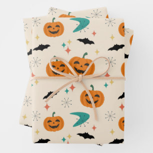 Halloween Mid Century Pumpkins Pattern Wrapping Paper Sheet