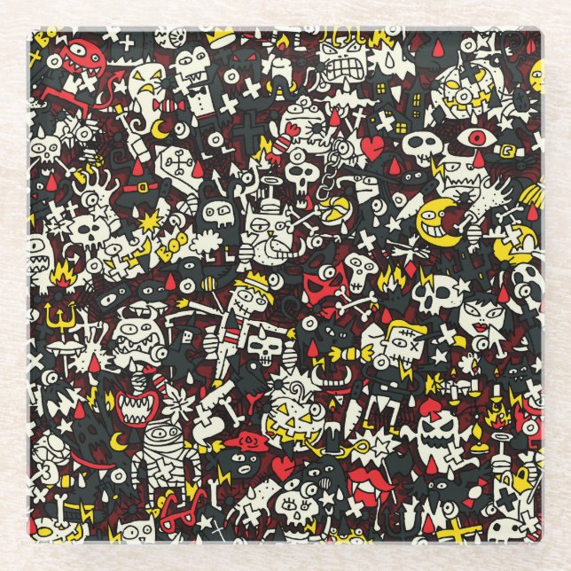 Halloween Mini Doodle Vintage Pattern Glass Coaster (Front)