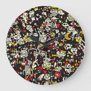 Halloween Mini Doodle Vintage Pattern Large Clock