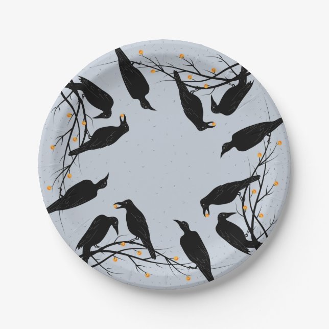 Halloween Modern Black Ravens Minimalist Pattern Paper Plate (Front)