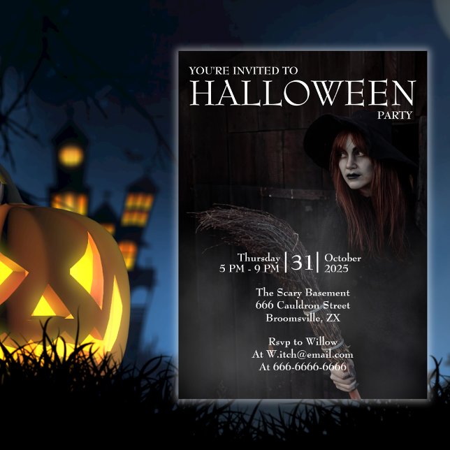 Halloween Modern Gothic Witch Broom Dark Barn Invitation (Creator Uploaded)