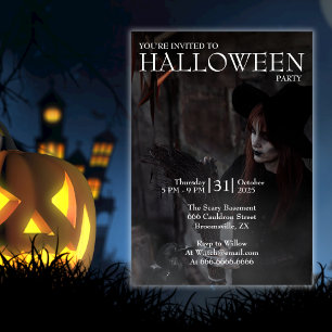 Halloween Modern Gothic Witch Broom Dark Photo Invitation