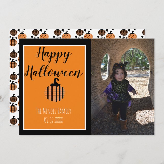 Halloween Modern Pumpkin Pattern Photo Card (Front/Back)