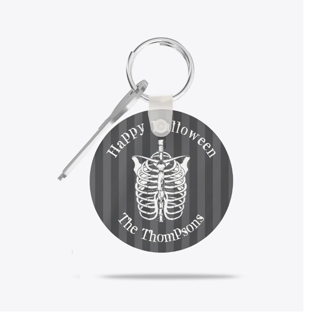 Halloween Modern Spooky Skeleton X-Ray  Key Ring (Personalized spooky skeleton Halloween keychain with gothic striped background design.)