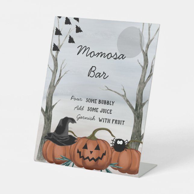 Halloween Momosa Bar Sign, Halloween Baby Shower Pedestal Sign (Front)