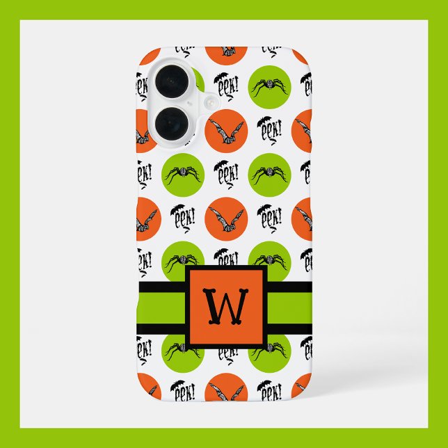 Halloween Monogram Pattern Bats, Spiders, & “Eek!” iPhone 16 Case (Creator Uploaded)