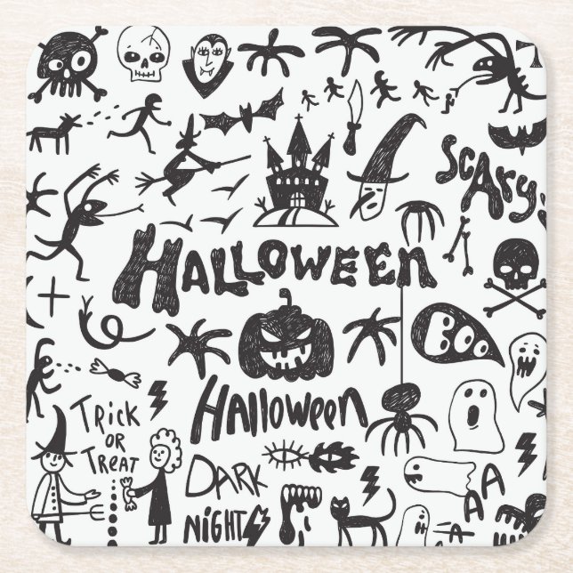 Halloween Monster Doodles Fun Square Paper Coaster (Front)