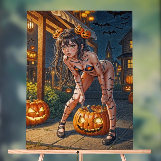 Halloween Monster Jack-o-Lantern & Bat Vixen Girl Acrylic Sign (Neutral)