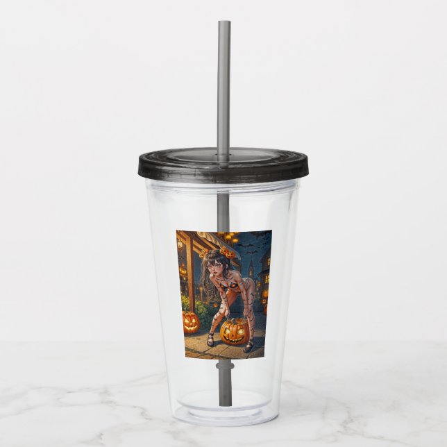 Halloween Monster Jack-o-Lantern & Bat Vixen Girl Acrylic Tumbler (Front)