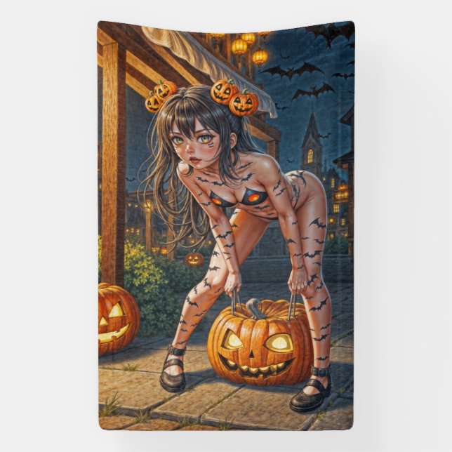 Halloween Monster Jack-o-Lantern & Bat Vixen Girl Banner (Vertical)