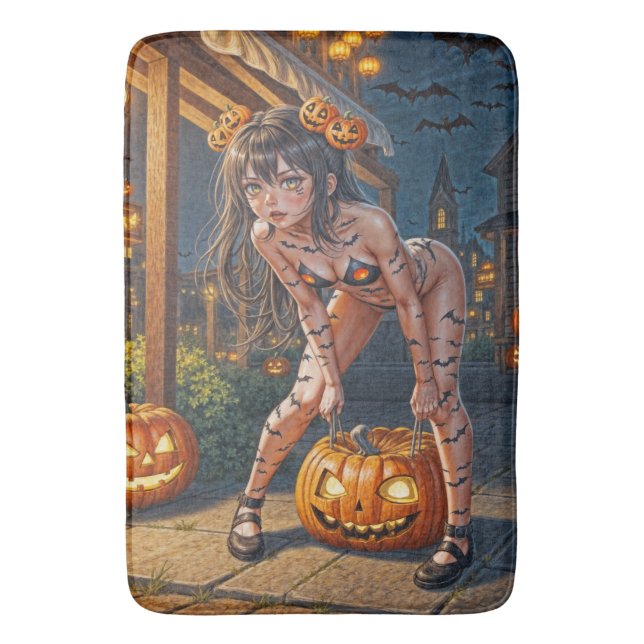 Halloween Monster Jack-o-Lantern & Bat Vixen Girl Bath Mat (Front Vertical)