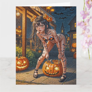Halloween Monster Jack-o-Lantern & Bat Vixen Girl Card