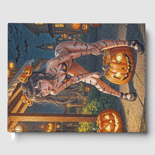 Halloween Monster Jack-o-Lantern & Bat Vixen Girl Guest Book (Front)