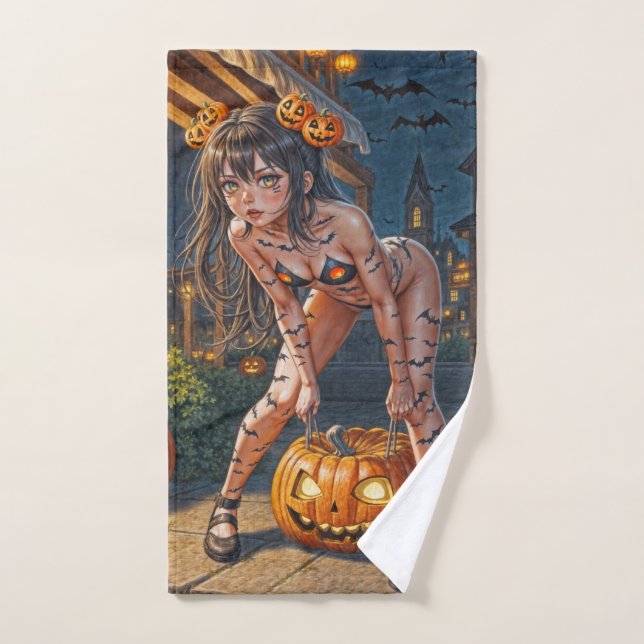 Halloween Monster Jack-o-Lantern & Bat Vixen Girl Hand Towel (Hand Towel)