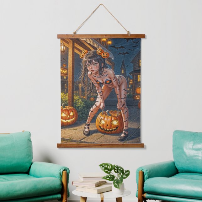 Halloween Monster Jack-o-Lantern & Bat Vixen Girl Hanging Tapestry (Living Room)