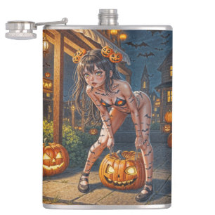 Halloween Monster Jack-o-Lantern & Bat Vixen Girl Hip Flask