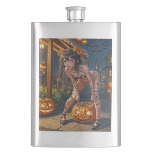 Halloween Monster Jack-o-Lantern & Bat Vixen Girl Hip Flask