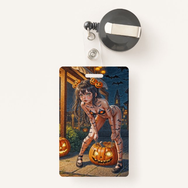 Halloween Monster Jack-o-Lantern & Bat Vixen Girl ID Badge (Back with Retractable)