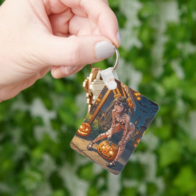 Halloween Monster Jack-o-Lantern & Bat Vixen Girl Key Ring (Hand)