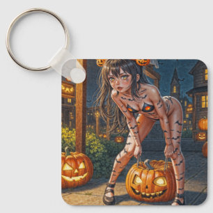 Halloween Monster Jack-o-Lantern & Bat Vixen Girl Key Ring