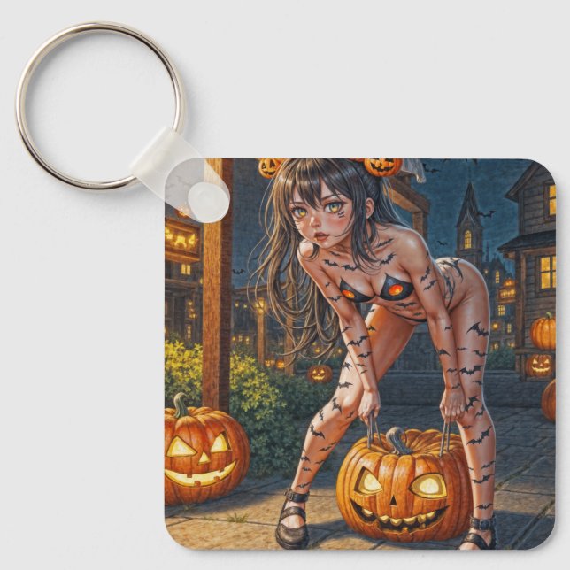 Halloween Monster Jack-o-Lantern & Bat Vixen Girl Key Ring (Front)
