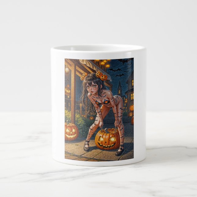 Halloween Monster Jack-o-Lantern & Bat Vixen Girl Large Coffee Mug (Front)