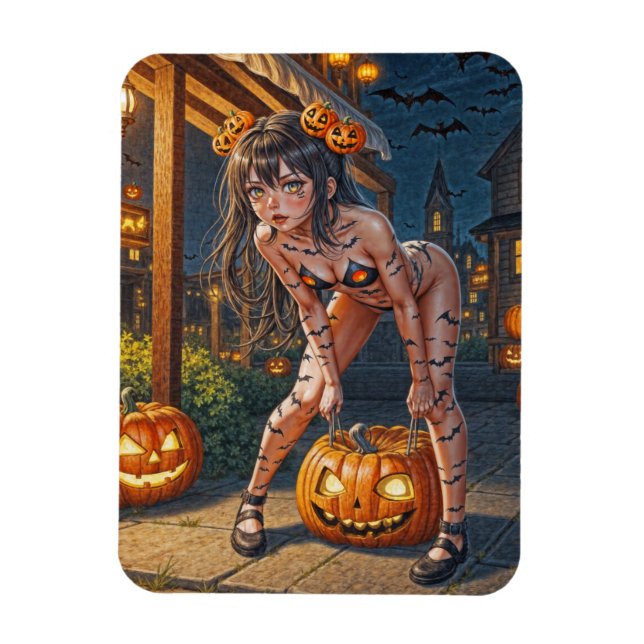 Halloween Monster Jack-o-Lantern & Bat Vixen Girl Magnet (Vertical)
