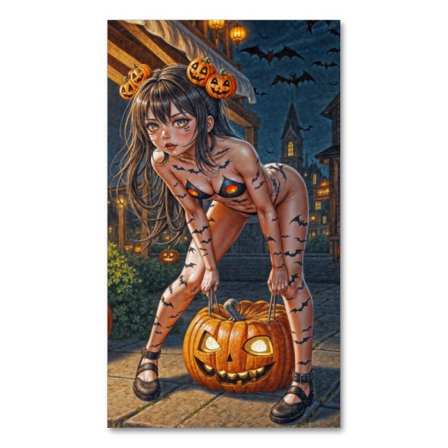 Halloween Monster Jack-o-Lantern & Bat Vixen Girl Magnetic Business Card (Front Vertical)