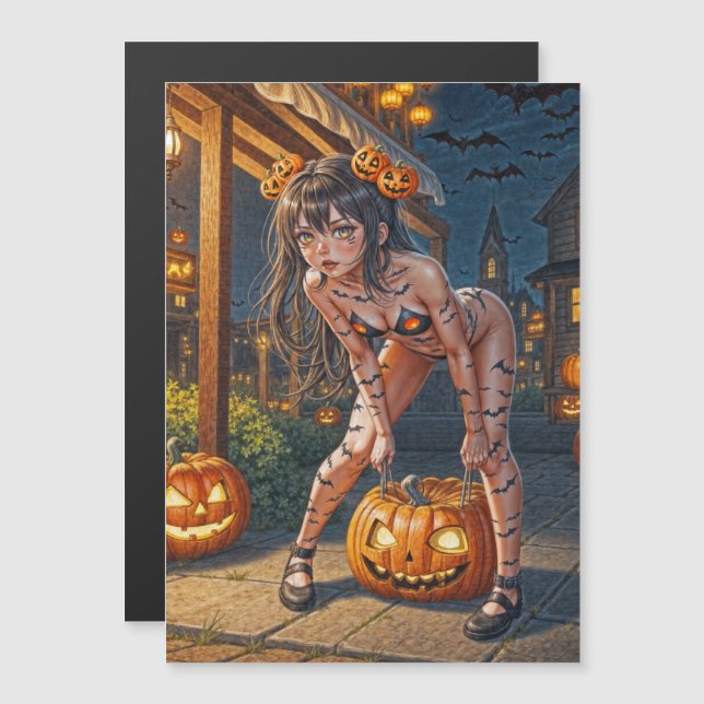 Halloween Monster Jack-o-Lantern & Bat Vixen Girl Magnetic Invitation (Front/Back)