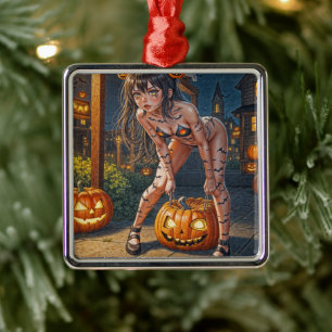 Halloween Monster Jack-o-Lantern & Bat Vixen Girl Metal Tree Decoration