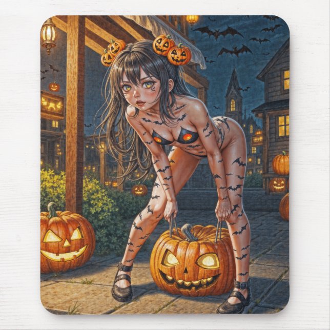 Halloween Monster Jack-o-Lantern & Bat Vixen Girl Mouse Mat (Front)
