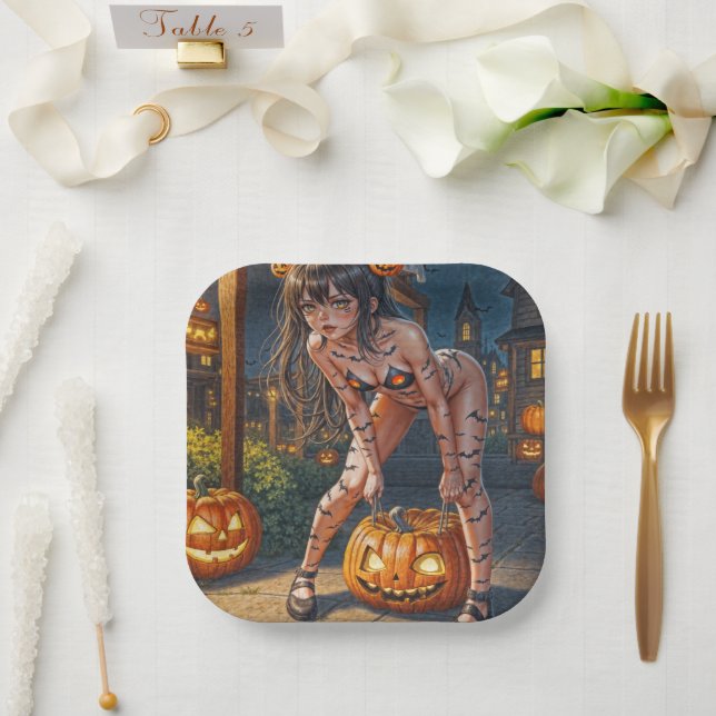 Halloween Monster Jack-o-Lantern & Bat Vixen Girl Paper Plate (Wedding)
