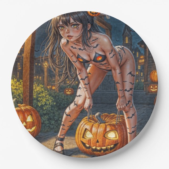 Halloween Monster Jack-o-Lantern & Bat Vixen Girl Paper Plate (Front)