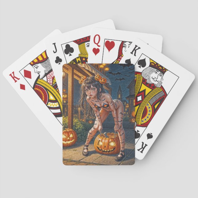 Halloween Monster Jack-o-Lantern & Bat Vixen Girl Playing Cards (Back)