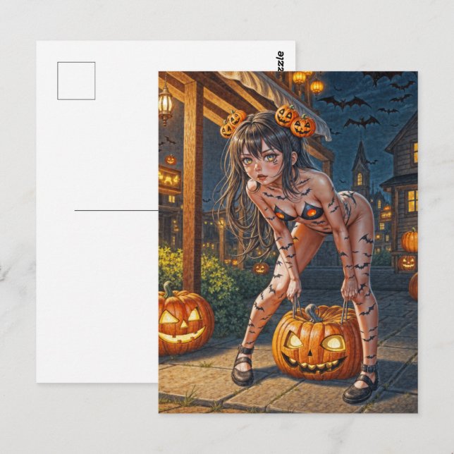 Halloween Monster Jack-o-Lantern & Bat Vixen Girl Postcard (Front/Back)