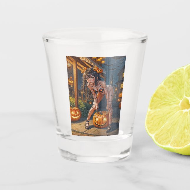 Halloween Monster Jack-o-Lantern & Bat Vixen Girl Shot Glass (Front)