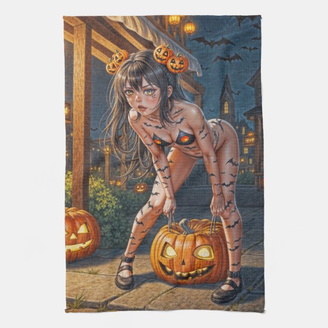 Halloween Monster Jack-o-Lantern & Bat Vixen Girl Tea Towel (Vertical)