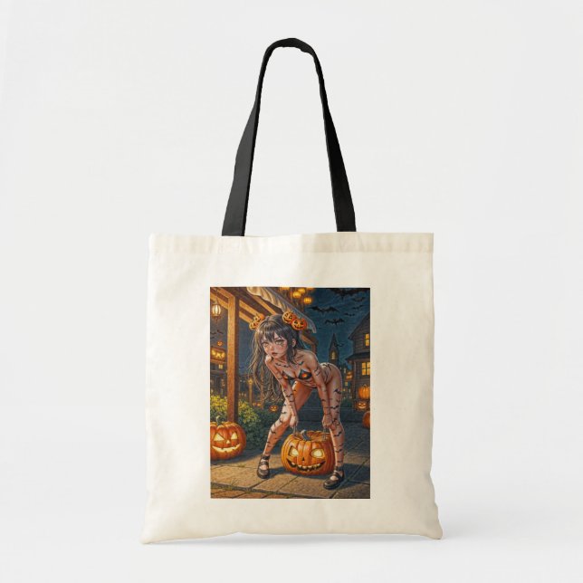 Halloween Monster Jack-o-Lantern & Bat Vixen Girl Tote Bag (Front)