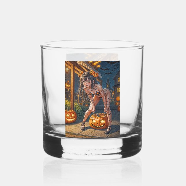 Halloween Monster Jack-o-Lantern & Bat Vixen Girl Whiskey Glass (Front)