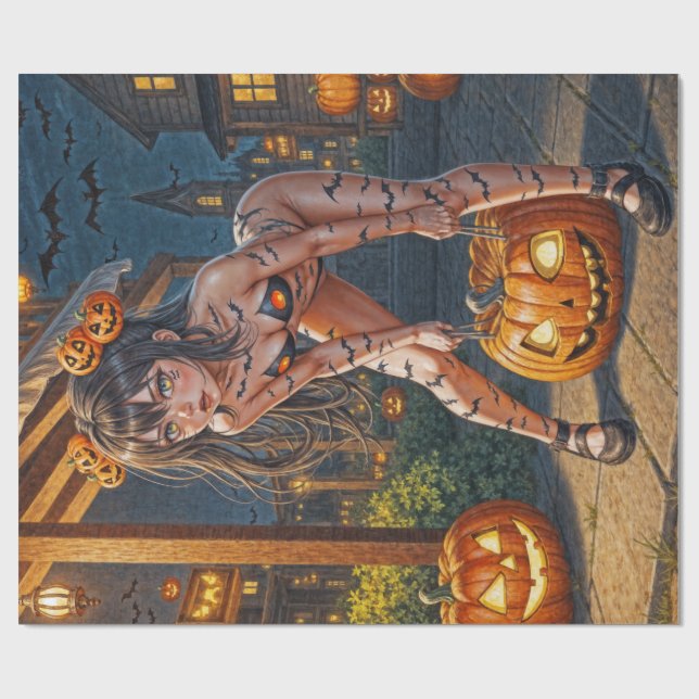 Halloween Monster Jack-o-Lantern & Bat Vixen Girl Wrapping Paper (Flat)