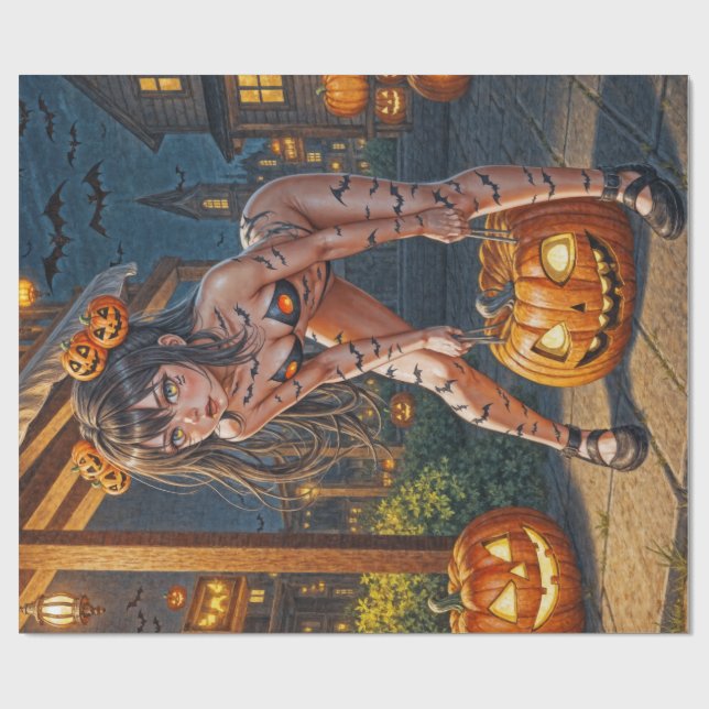 Halloween Monster Jack-o-Lantern & Bat Vixen Girl Wrapping Paper (Flat)