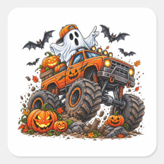 Halloween Monster Truck Pumpkin Ghost Driver Funny Square Sticker
