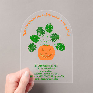 Halloween Monstera Plant in Pumpkin Custom Acrylic Invitations