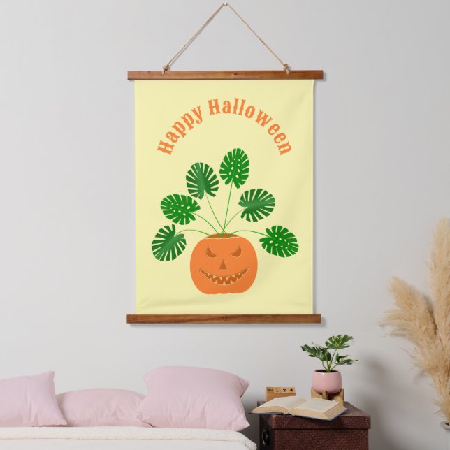 Halloween Monstera Plant in Pumpkin Custom Hanging Tapestry (Bedroom)