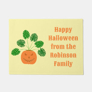 Halloween Monstera Plant in Pumpkin Custom Message Doormat
