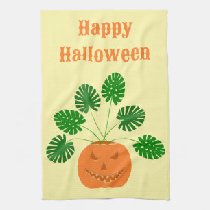 Halloween Monstera Plant in Pumpkin Custom Tea Towel
